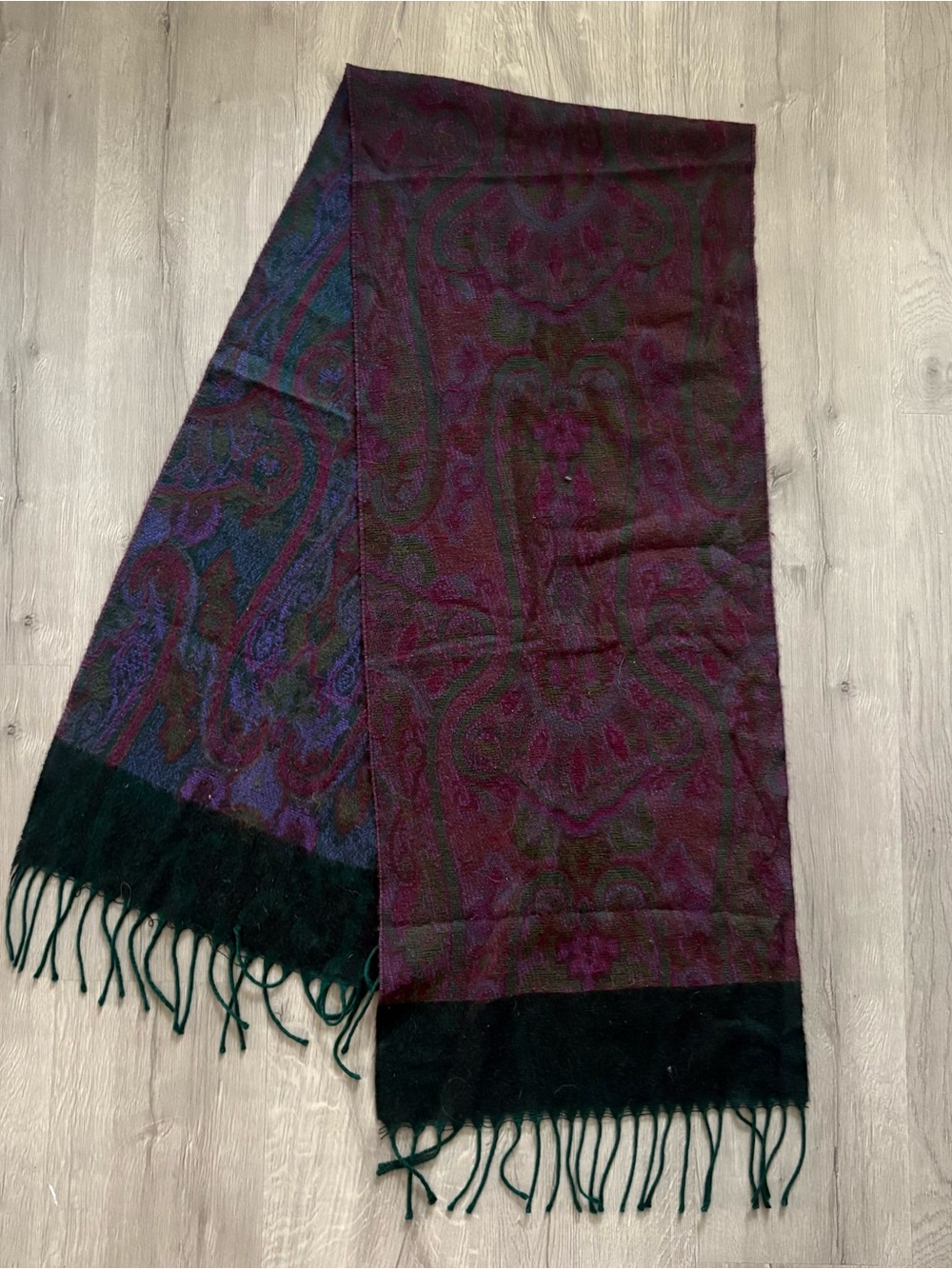 Christian Dior Vintage Paisley Fringe Scarf in Plum & Green Missing Brand Tag
